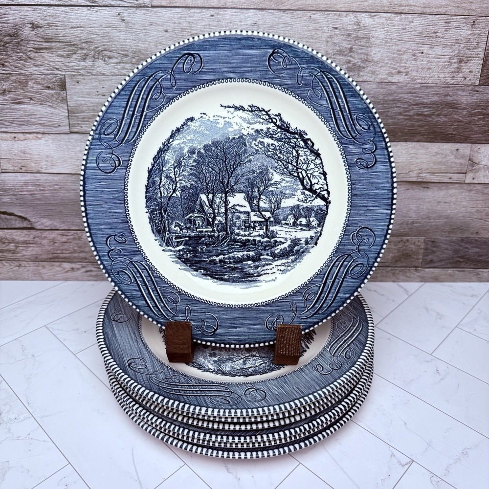 Currier and Ives 9.75" Dinner Plates Old Grist Mill Vintage Set of 6
